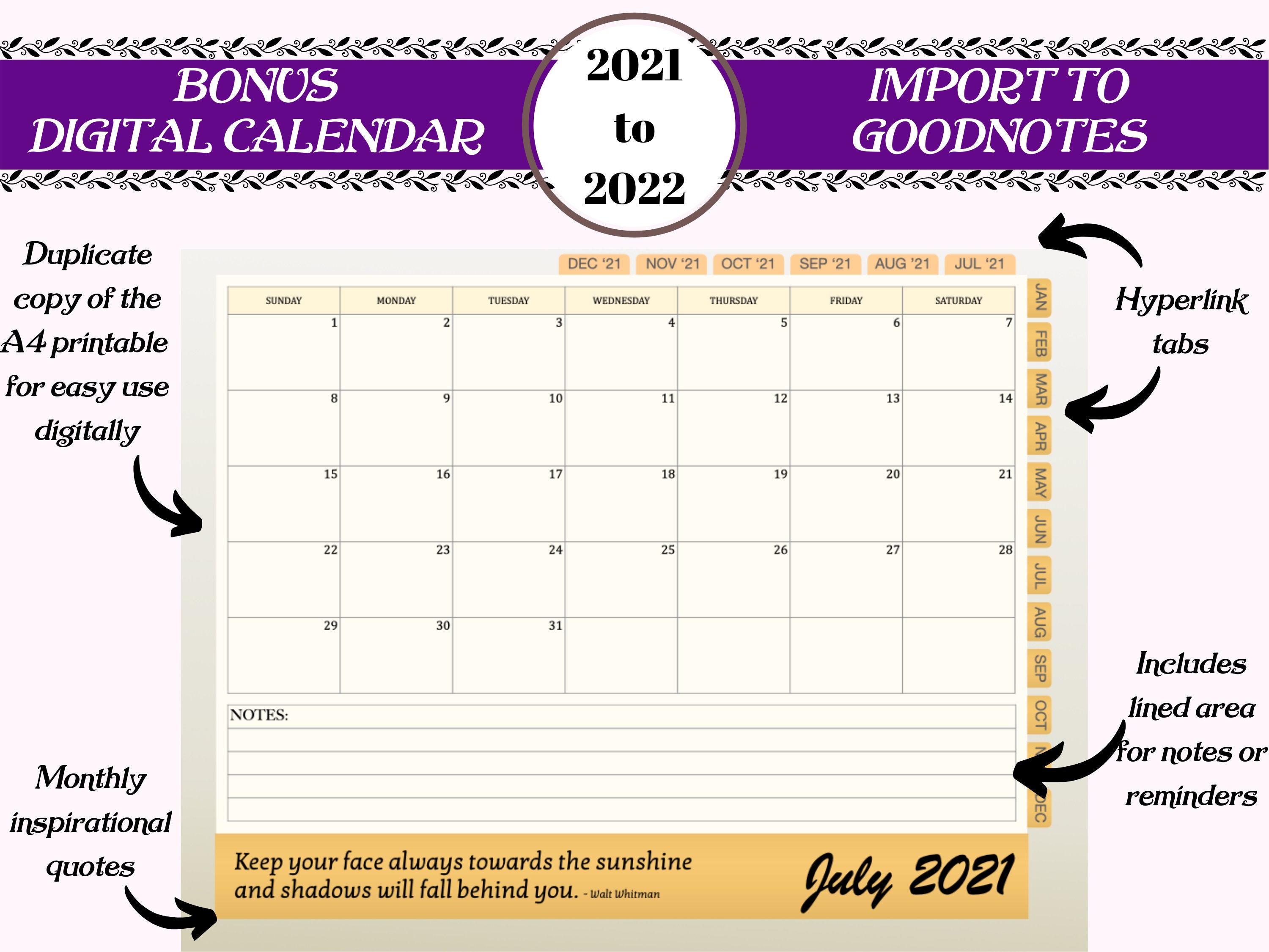 2021 2022 Inspirational Calendar Printable BONUS Digital Calendar Import to  Goodnotes - Etsy