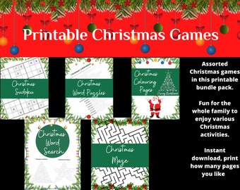 May include: A printable Christmas game bundle pack with a variety of games including Sudoku, word puzzles, word search, coloring pages, and a maze. The games are all Christmas themed and feature festive colors like red and green.