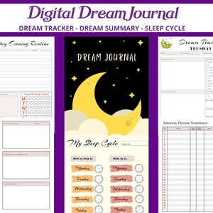 May include: A digital printable dream journal with sections for tracking sleep, dreams, and evening routines. The journal features a crescent moon and stars on a black background.