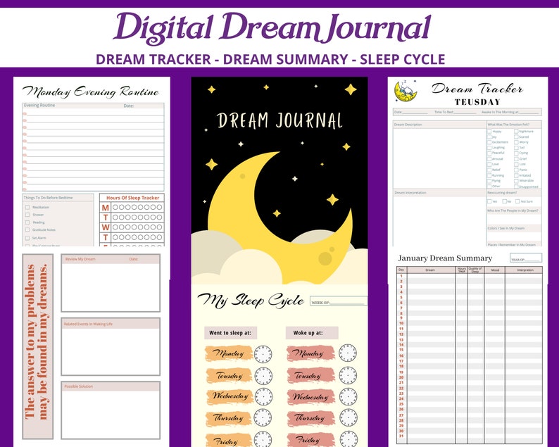 May include: A digital printable dream journal with sections for tracking sleep, dreams, and evening routines. The journal features a crescent moon and stars on a black background.