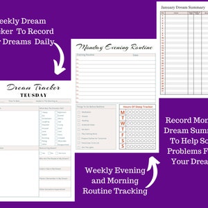 May include: A printable dream journal with a pink and white color scheme. The journal includes sections for tracking dreams, sleep, and evening routines. The text on the page reads "Dream Tracker", "Weekly Dream Tracker To Record Your Dreams Daily", "Monday Evening Routine", "Weekly Evening and Morning Routine Tracking", "Record Monthly Dream Summary To Help Solve Problems From Your Dreams", and "January Dream Summary".