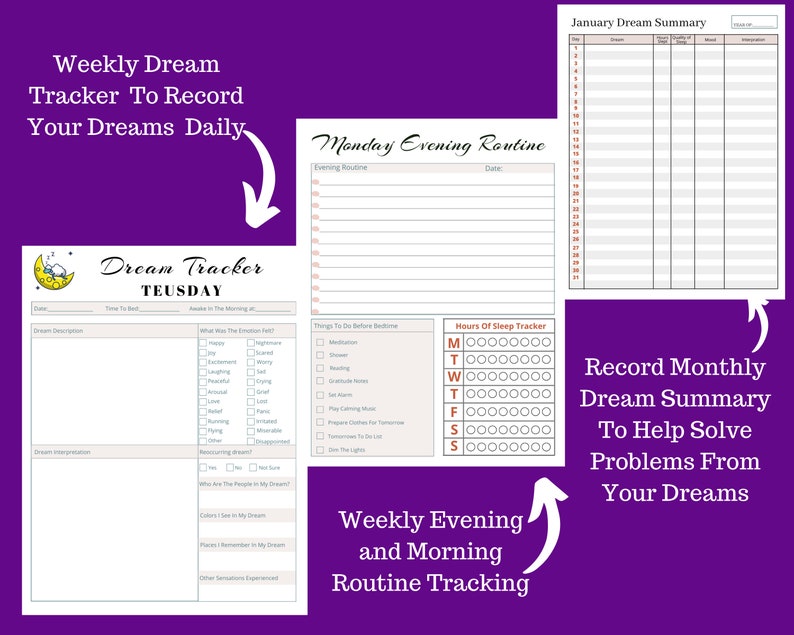 May include: A printable dream journal with a pink and white color scheme. The journal includes sections for tracking dreams, sleep, and evening routines. The text on the page reads "Dream Tracker", "Weekly Dream Tracker To Record Your Dreams Daily", "Monday Evening Routine", "Weekly Evening and Morning Routine Tracking", "Record Monthly Dream Summary To Help Solve Problems From Your Dreams", and "January Dream Summary".