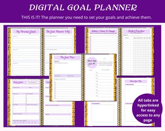 Puede incluir: Un planificador de objetivos digital con pestañas para objetivos personales, objetivos diarios, el plan de objetivos, pasos de acción, hábitos que cambiar y un rastreador de hábitos. El planificador tiene un esquema de color morado y dorado con una encuadernación en espiral dorada.