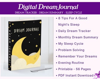 Può includere: Un diario dei sogni digitale con una copertina nera che presenta una luna crescente gialla e stelle. Il diario include funzioni come un tracker dei sogni giornaliero, un riepilogo mensile dei sogni, il monitoraggio del ciclo del sonno, la risoluzione dei problemi e suggerimenti per una buona notte di sonno. È stampabile e include 56 pagine. Il diario è disponibile come download istantaneo in PDF.