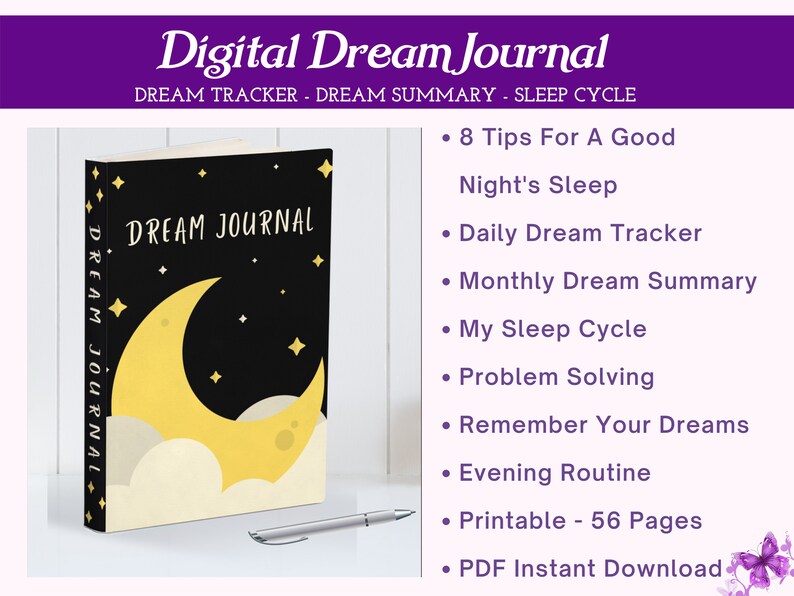 May include: A digital dream journal with a black cover featuring a yellow crescent moon and stars. The journal includes features like a daily dream tracker, monthly dream summary, sleep cycle tracking, problem solving, and tips for a good night's sleep. It is printable and includes 56 pages. The journal is available as a PDF instant download.