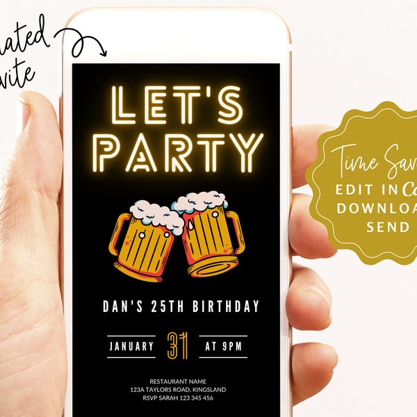 Electronic Beer Evite for Men, Editable Birthday Video Invitation, Digital Let's Party Beer Birthday Invitation, CANVA Template || Any Age