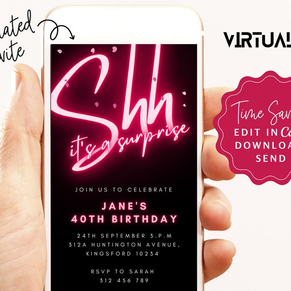 Digital Shh It's a Surprise Black Birthday Invitation, Neon CANVA Text Message Invite, Electronic Invitation Template, Evite || Any Age
