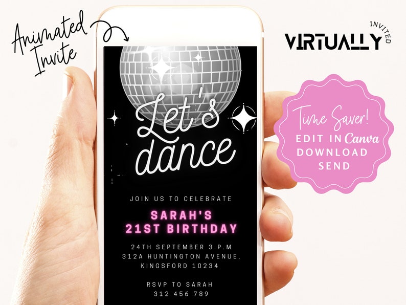 Editable Lets Dance Party Invitation, Disco Birthday Invite, Mirror