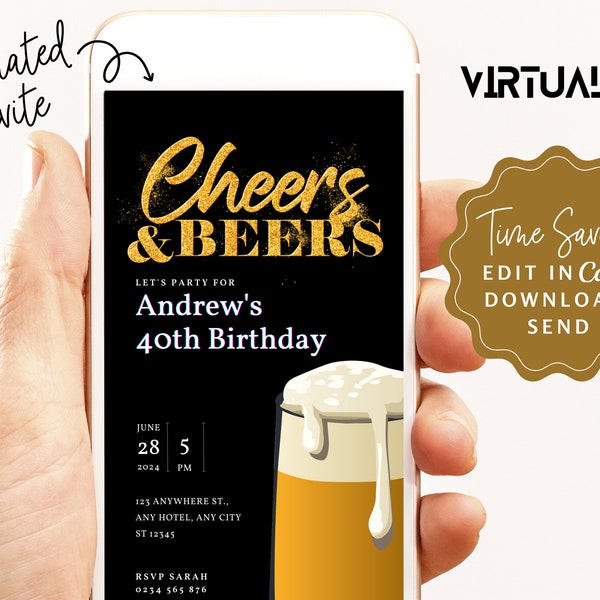 Digital Cheers and Beers invitation template EDITABLE CANVA Beer Party Birthday Invitation for Men, Electronic Beer Evite for him || Any Age