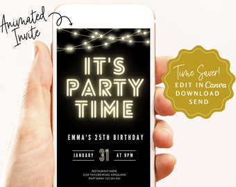 Vintage Lights Electronic Invitation Template, It's Party Time Digital invite, Text Message Invite, Adult Birthday Invitation || Any Age