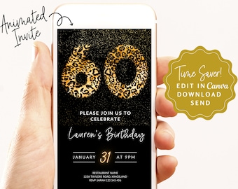 Bearbeitbare elektronische Einladung zum 60. Geburtstag, Gold Animal Print, digitale Einladung zum 60. Geburtstag, Mobile Birthday Party Invite || CANVA