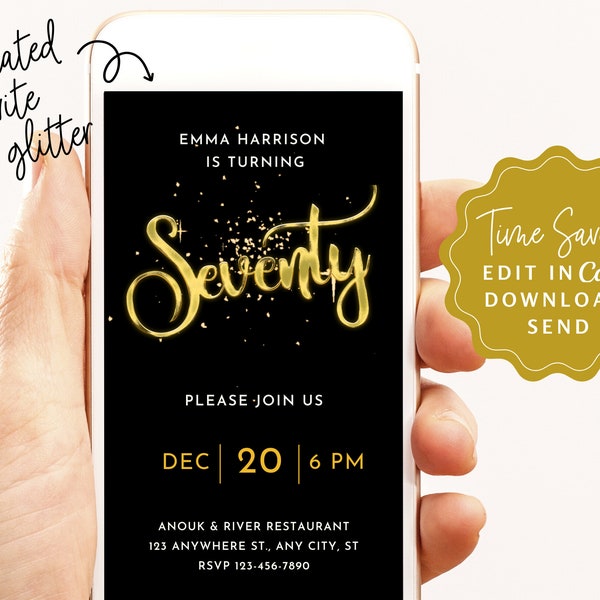 Electronic 70th birthday invitation, 70th Birthday Evite Editable CANVA TEMPLATE Gold Text Message E-Card || Smartphone Invite || Digital