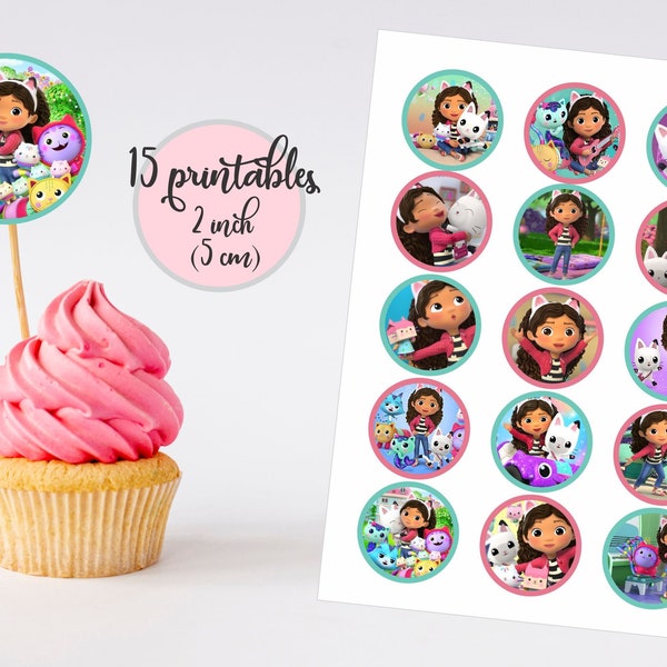 Gabby Dollhouse Cupcake Toppers, Printable PDF , 2 inch circles, 5 cm circles, instant Download