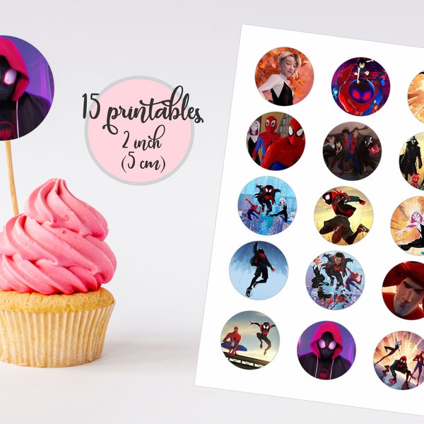 SpiderMan: Into the SpiderVerse, Cupcake topper, 2 inch 5cm circles, DIY printable instant download, PDF