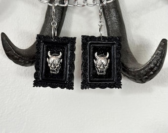 Framed Oni Mask Embroidered Earrings: 925 Sterling Silver, Gothic Jewelry