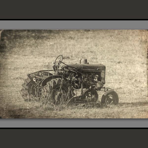 Monochrome abandoned old tractor in a rural field photo, One of a kind retro style wall art, Original rustic Oklahoma fine art print