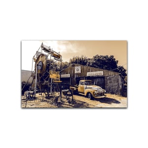 Rusty Old Chevy Pickup & Ferris Wheel at Metal Shop Wall Art, One of a kind Duotone Giclée fine art print, Original Retro style Wall Decor