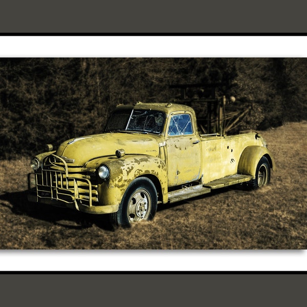 Abandoned old Chevy wrecker / tow truck photo, One of a kind retro style wall art, Original monochrome fine art print