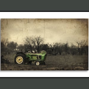 Retro Style Old John Deere Tractor Rural Field Photo, One of a kind vintage style wall art, Original fine art print by Oklahoma Photographer
