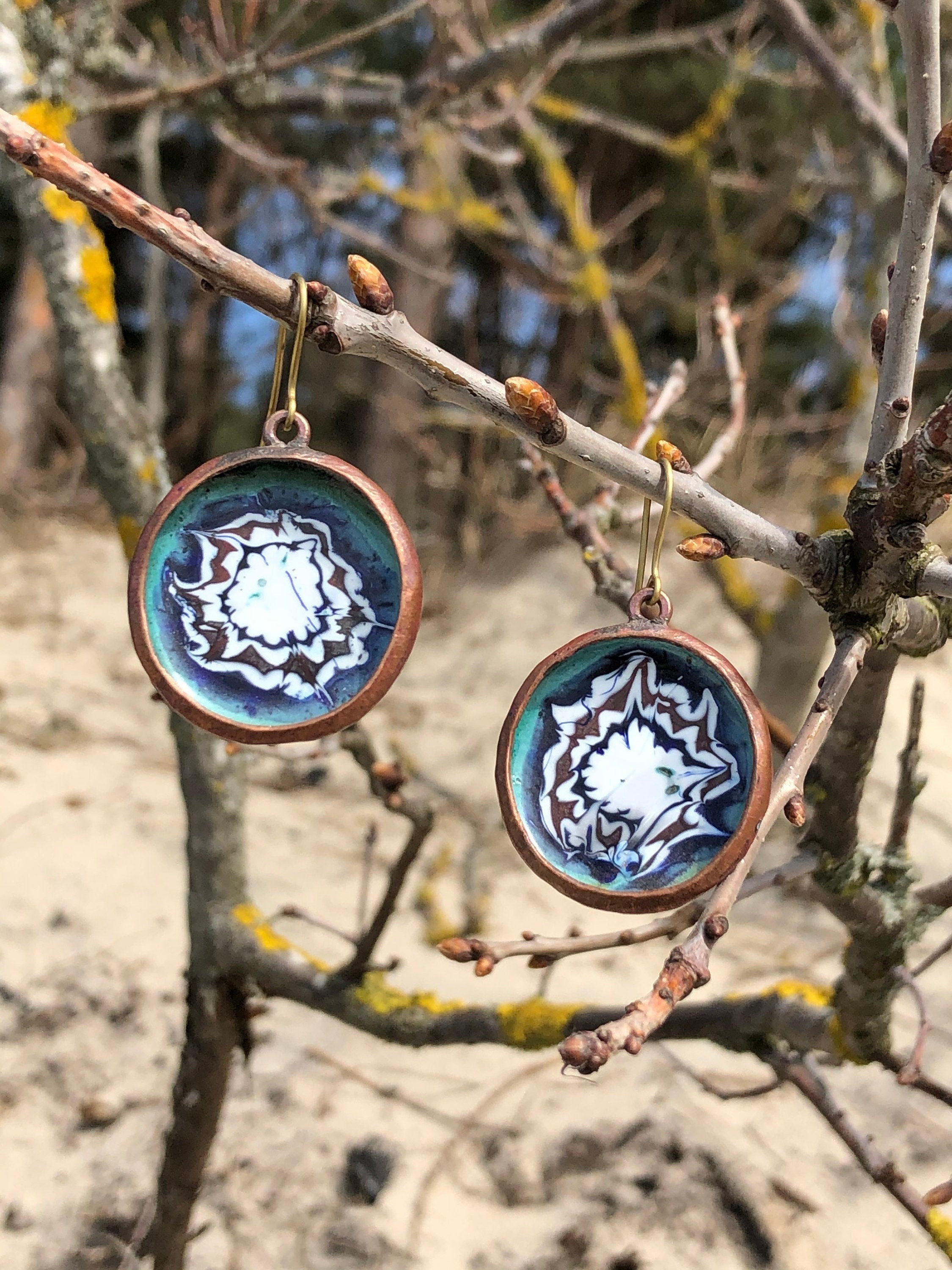 White & Blue Enamel Earrings/ Copper Earrings/ One of a Kind/ Unique