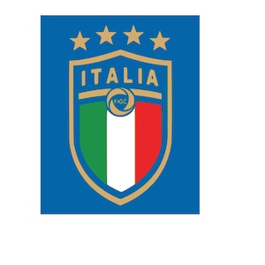 May include: A blue shield with a gold outline and four gold stars above it. The shield has the Italian flag colours of green, white, and red. The text "ITALIA" is written in gold letters above the flag. The text "FIGC" is written in white letters inside a circle on the white part of the flag.