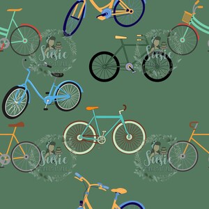 May include: A seamless pattern featuring various bicycles in different colors, including blue, yellow, green, and brown. The bicycles are on a green background with a leafy pattern.