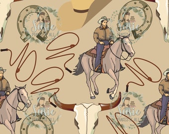 May include: A seamless pattern featuring a cowboy riding a horse, a skull, a horseshoe, a lasso, and a cowboy hat. The pattern is on a beige background.