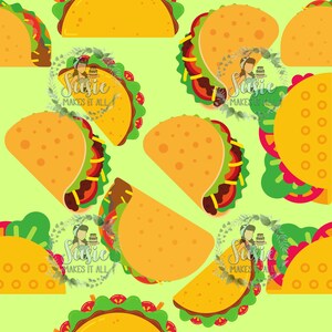 May include: A seamless pattern featuring colorful cartoon tacos on a light green background. The tacos are filled with lettuce, tomatoes, cheese, and meat. The text "Susie Makes It All" appears in a circle on each taco.