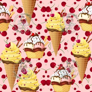 以下が含まれることがあります： ピンクの背景に、さまざまなアイスクリームコーンとチェリーが描かれたシームレスなパターン。アイスクリームコーンには、チョコレート、バニラ、ストロベリーなど、さまざまなフレーバーがトッピングされています。チェリーは赤く、緑色の茎が付いています。