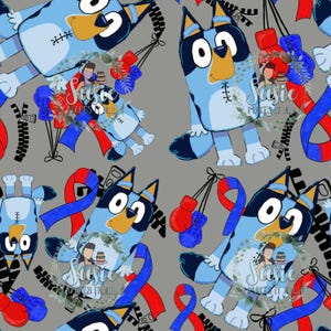 May include: A repeating pattern featuring a cartoon dog character in various poses. The dog is primarily light blue with dark blue accents. Red and blue boxing gloves and ribbons are also present, along with black zipper-like elements, all on a gray background.