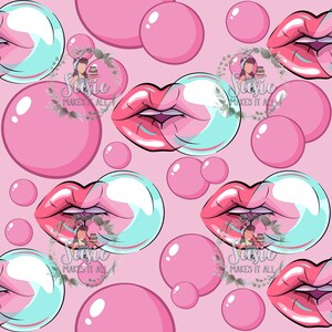 May include: A pink background with a repeating pattern of pink and blue bubbles and red lips. The text "Susie Makes It All" appears in the pattern.