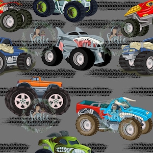 May include: A seamless pattern featuring various monster trucks on a grey background with black tyre tracks. The trucks are in different colours, including blue, red, green, orange, and grey. Each truck has large tyres and unique designs, such as a shark mouth, a bull's head, and a monster face.