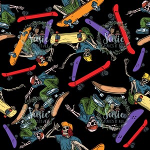 May include: A seamless pattern featuring skeletons skateboarding on colorful skateboards against a black background. The skeletons are wearing various colored clothing and hats. The skateboards are in shades of red, yellow, purple, and blue.