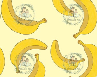 May include: A seamless pattern featuring yellow bananas on a light yellow background. The pattern includes a logo with the text "Susie Makes It All" in a circle with green leaves.