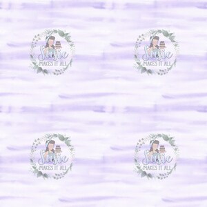 May include: A purple watercolor background with a repeated pattern of a green wreath with a cartoon woman holding a cake. The text "Susie Makes It All" is inside the wreath.