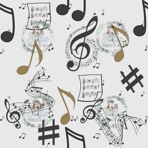 May include: A seamless pattern featuring musical notes, treble clefs, sheet music, and a sharp symbol. The background is a light gray color. The pattern is repeated throughout the image.