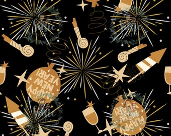 May include: A festive New Year's themed pattern on a black background. The design features gold and white fireworks, champagne glasses, star shapes, party horns, and balloons with "Happy New Year!" text. The overall design is celebratory and suitable for holiday-themed products.