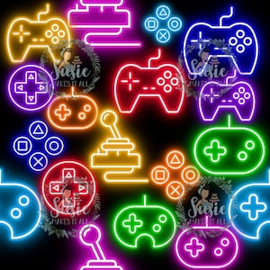 Puede incluir: Un patrón sin costuras que presenta mandos y joysticks de videojuegos de color neón sobre un fondo negro. El patrón incluye varios colores, como rojo, azul, verde, amarillo y morado.