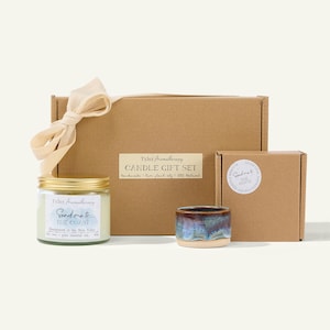Kustkaars en keramische blauwe theelichthouder cadeauset, op de natuur geïnspireerde geur Handgegoten sojakaars