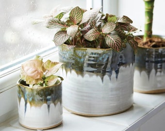 Ceramic indoor plant pot blue green cream 7cm 10cm 14cm handmade ceramic pottery style modern