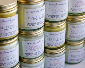 Aromatherapy essential oil candles , stress relief, mood boosting blends, soy vegan natural scents