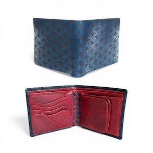 Japanese Hemp Leaf Pattern Art Wallet   Italian Buttero <Navy> x Japanese Calf <Red> kimono