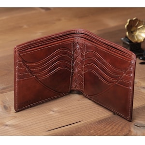 Billetera de cuero plegable, Billetera de arte básico <Marrón> Billetera de cuero japonesa, Billetera personalizada,