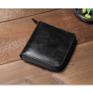 Cartera básica redonda con cremallera <Negra> Cartera con cremallera, cartera plegable. Cartera de cuero japonesa, cartera con cremallera.
