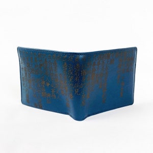Carteira bifold Carteira japonesa com arte Kanji Couro manteiga italiano Marinho × tochigi japonês Couro azul marinho