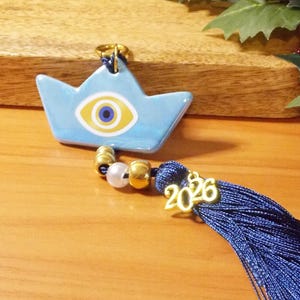 Greek Ceramic Boat Ornament: Evil Eye Charm, Blue Tassel - Christmas 2026 decoration, Traditional ship