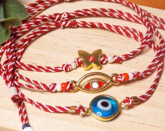 Martis Bracelet: Greek Red White Spring thread with Evil Eye, Spring Tradition, Martenitsa