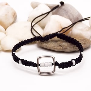 Black braided bracelet | Surfer armband with Square metal link | Beaded handwoven jewelry | Black and white accessories | Gift for friend