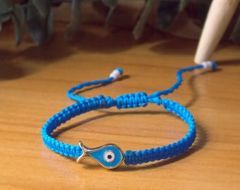 Handwoven Evil Eye Fish Bracelet: Blue Charm Armband, Mati protection jewelry