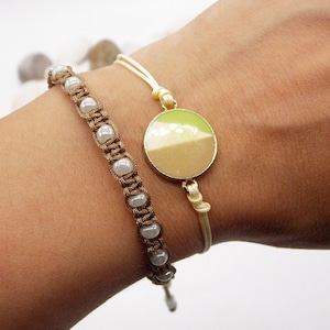 Pearls and shapes bracelet SET | 2 armbands for gift | Brown and cream wristbands | Handwoven bracelets with glass pearls | Gift for women